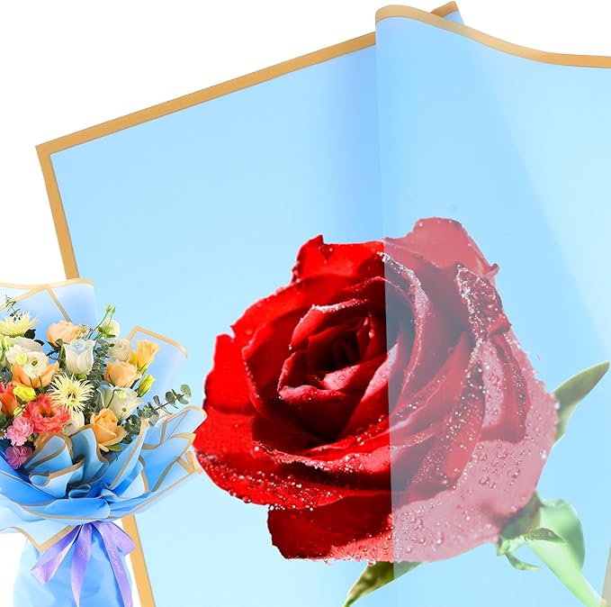 YIDATIKER 20 sheet Flower Wrapping Paper,waterproof floral wrapping paper for bouquets,DIY Florist Supplies Packaging Paper with satin ribbon for Wedding,Birthday,Valentine's Day(Blue