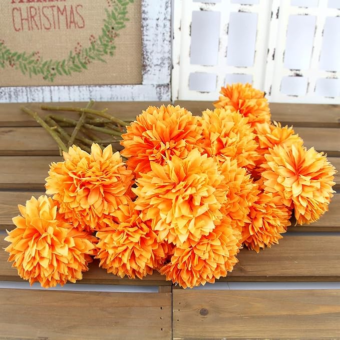 Tinsow 12 Pcs Artificial Chrysanthemum Flowers Orange Faux Ball Flowers Autumn Mums Florals Wedding Bouquet for Fall Farmhouse Home Kitchen Decoration (12, Orange)