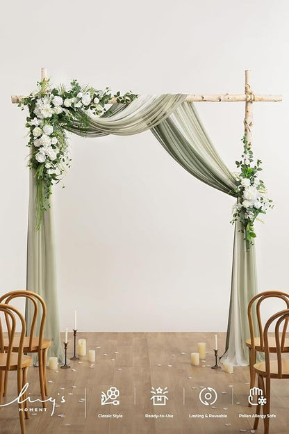 Ling's moment Wedding Arch Flowers with Drapes Kit-Pack of 5, 2pcs Flower Arrangements 3pcs Sheer Hanging Drapes White Ceremony Arbor Backdrop Artificial Rose Floral Decorations, White Green