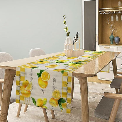 Lemon Table Runner, Summer Yellow Fruits Green Leaves Kitchen Dinning Table Decoration for Indoor Outdoor Home Party Decor 13x36 in
