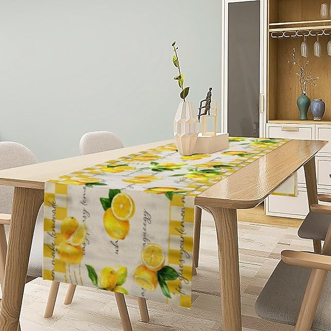 Lemon Table Runner, Summer Yellow Fruits Green Leaves Kitchen Dinning Table Decoration for Indoor Outdoor Home Party Decor 13x60 in