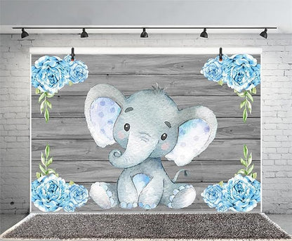 AOFOTO 8x6ft Rustic Grey Wood Elephant Backdrop Boy Baby Shower Party Decoration Photography Background Watercolor Flower Cartoon Animal Photo Studio Props Newborn Infant Kid Child Birthday Banner