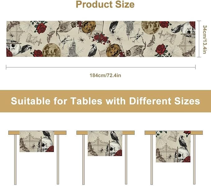 Gothic Floral Table Runner, Retro Dark Skull Crow Vintage Flower Halloween Pumpkin Witchy Coffee Table Center Decor for Home Kitchen Dining Patio Holiday Party Table Decorations 13x108 inches