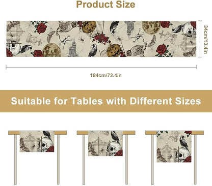 Gothic Floral Table Runner, Retro Dark Skull Crow Vintage Flower Halloween Pumpkin Witchy Coffee Table Center Decor for Home Kitchen Dining Patio Holiday Party Table Decorations 13x72 inches