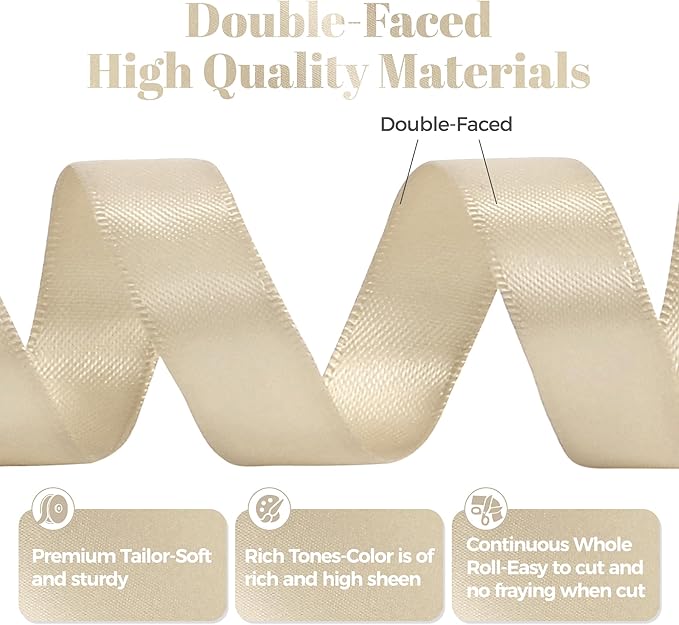 Beige Satin Ribbon, Double Faced 5/8 Inch X 25 Yards Beige Ribbon, Premium Satin Ribbon for Gift Wrapping, Crafts, Hair Bow Making, Sewing, Flower Bouquet, Wedding Party Decor
