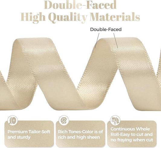 Beige Satin Ribbon, Double Faced 5/8 Inch X 25 Yards Beige Ribbon, Premium Satin Ribbon for Gift Wrapping, Crafts, Hair Bow Making, Sewing, Flower Bouquet, Wedding Party Decor