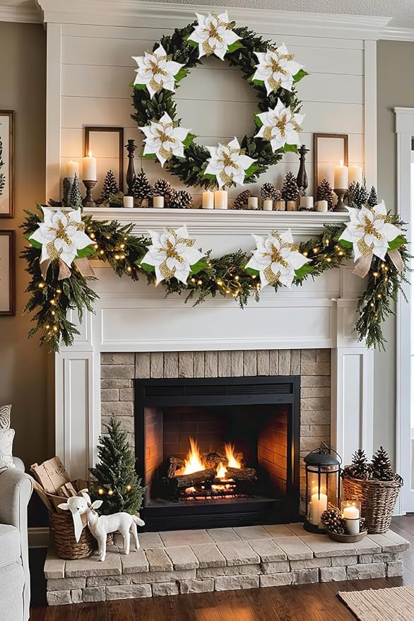 10" Poinsettia Flower Artificial for Christmas Tree Decor, 3 Pcs Faux Glitter Poinsettias Stems for DIY Xmas Wreath & Garland, Christmas Ornaments for Home Party, Holiday Decorations, White Gold