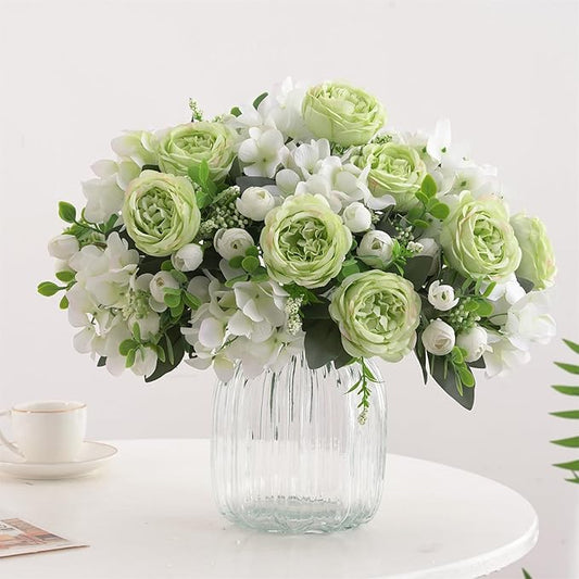 2 Bunches Green Peony Artificial Flowers for Decoration Faux Rose Fake Bouquet Silk Arrangements Table Centerpiece for Vase Cake Topper Bridal Baby Shower (2, Green White)