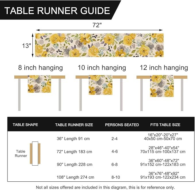 Seliem Spring Yellow Floral Flowers Table Runner, Rose Peony Watercolor Kitchen Dining Table Decor, Seasonal Summer Burlap Home Decoration Indoor Outdoor Party Supply 13 x 72 Inches