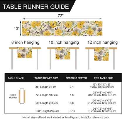 Seliem Spring Yellow Floral Flowers Table Runner, Rose Peony Watercolor Kitchen Dining Table Decor, Seasonal Summer Burlap Home Decoration Indoor Outdoor Party Supply 13 x 72 Inches