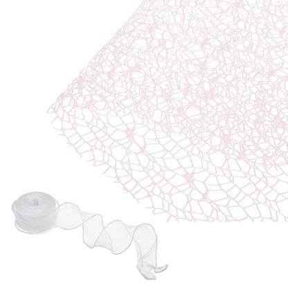 PATIKIL Flower Wrapping Mesh Paper, 15ft Floral Bouquet Craft Packaging Hollow Net Yarn with Ribbon for Flowers Gift Packaging, Light Pink