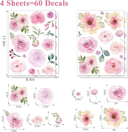 AOWDIAO 60 Pcs Flower Peel and Stick Wall Decals Watercolor Vinyl Peony Floral and Leaves Wall Stickers Pastel Flower Decor for Girls Bedroom Nursery Classroom Living Room