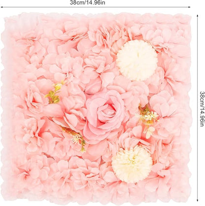 12Pcs Artificial Flower Wall Panel 3D Floral Backdrop Wall 15" X 15" Flower Walls Decor Flower Backdrop Faux Flowers Panel for Wedding Party Home Decoration, Pink/Champagne