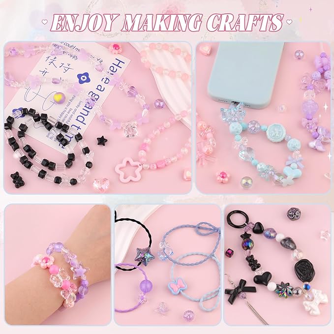 Assorted Acrylic Beads, 200-260PCS Purple Cute Beads for Bracelet Making, GummyBear Bow Flower Candy Kawaii Charms for Jewelry Making DIY Necklace Keychain Phone Charm Christmas Gift