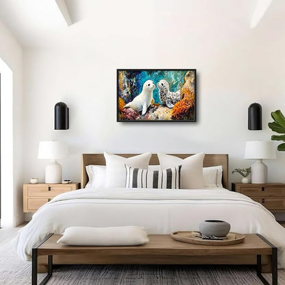 Extra Large Seal Framed Wall Art for Living Room,Oversized Underwater Animal Pictures Wall Decor,Ocean Coral Reef Canvas Print Painting Modern Artwork Bedroom Office Bathroom 36L x 24W