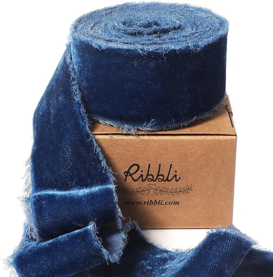 Ribbli Ocean Blue Velvet Ribbon 1.5 Inch Handmade Frayed Vintage Christmas Ribbon for Gift Wrapping Christmas Tree Ornament Wreath Craft Home Decor -3 Yards