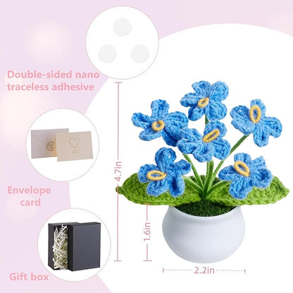 Knitting Crochet Flowers Cute Blue Handmade Forget Me Not Flower Plants Gift for Women Teacher's Day Birthday Anniversary Valentines Christmas Decor for Dashboard Home Office Desk Accessories