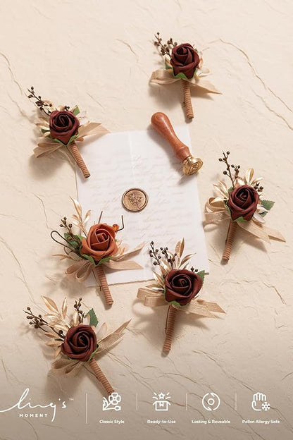 Ling's moment Boutonniere for Men, 6pcs Groom Groomsmen Boutonniere, Artificial Flowers for Wedding Decor/Prom/Homecoming, etc.Terracotta Orange