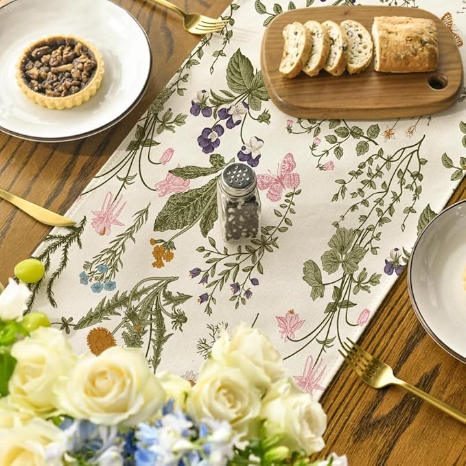 Artoid Mode Wildflowers Floral Spring Table Runner, Butterfly Seasonal Summer Kitchen Dining Table Decoration for Home Party Decor 13x60 Inch