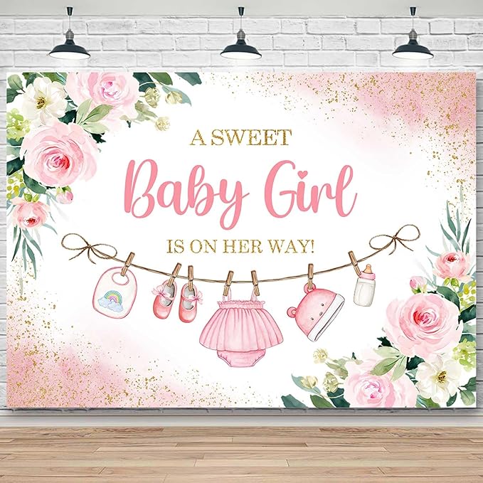 Sensfun Cute Clothes Baby Shower Backdrop A Sweet Baby Girl is On Her Way Banner Watercolor Pink Floral Sweet Little Girl Baby Shower Party Decorations Banner Supplies Photo Booth Props 5x3ft