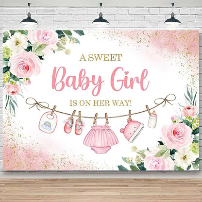 Sensfun Cute Clothes Baby Shower Backdrop A Sweet Baby Girl is On Her Way Banner Watercolor Pink Floral Sweet Little Girl Baby Shower Party Decorations Banner Supplies Photo Booth Props 8x6ft