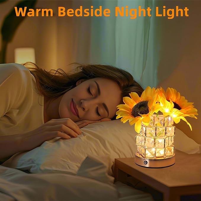 Sunflowers Flower Lamp,Rechargeable Cordless Touch Table Lamp for Bedroom,3-Colour Dimming Small Night Light,Crystal Bedside Lamps with USB Charge,Birthday Christmas Gifts for Women,Mom (Sunflowers)