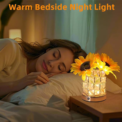 Sunflowers Flower Lamp,Rechargeable Cordless Touch Table Lamp for Bedroom,3-Colour Dimming Small Night Light,Crystal Bedside Lamps with USB Charge,Birthday Christmas Gifts for Women,Mom (Sunflowers)