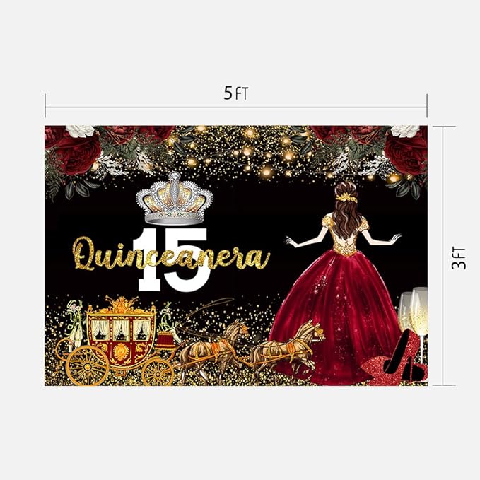 Red Dress Rose Flower Backdrops, Quinceanera Birthday Backdrop for Girl Princess Happy 15th Bday Carriage Photography Props, Cake Table Banner 5x3ft BJLSLU314