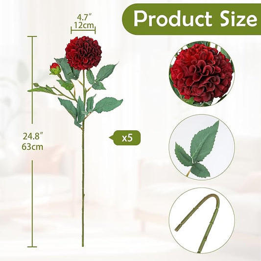 Hollyone 5PCS Dahlia Fall Flowers Artificial for Decoration 24.8" Red Fake Ball Dahlias Autumn Silk Flowers Arrangements Faux Roses Flower with Stems Bouquets Centerpieces Fall Decorations for Home