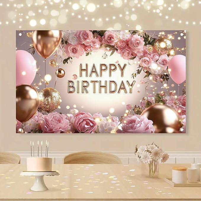 Pink Rose Happy Birthday Backdrop Banner Gold Glitter Crown Photography Background Women Girls Birthday Party Decoration Balloon Gift Floral Banner Photo Booth Props 71x43 Inch