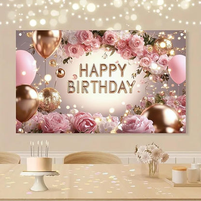 Pink Rose Happy Birthday Backdrop Banner Gold Glitter Crown Photography Background Women Girls Birthday Party Decoration Balloon Gift Floral Banner Photo Booth Props 71x43 Inch