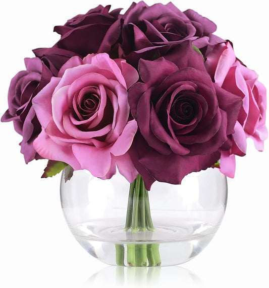 WELL KNOWN Silk Purple and Pink Roses Bouquet in Vase, Artificial Fake Flowers Arrangements in Glass Vase with Faux Water for Home Office Hotel Birthday Wedding Party Table Decoration & Mom's Gift