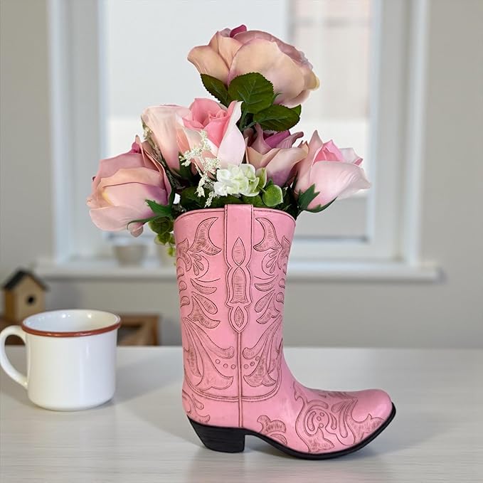 Top Brass Pink Cowboy Boot Vase – Tooled Leather Look Western Decor for Flowers/Stand Alone Accent – Resin Cowgirl Planter with Intricate Design & Protective Pads – Rustic Country Home Art, 10” Tall