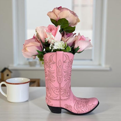 Top Brass Pink Cowboy Boot Vase – Tooled Leather Look Western Decor for Flowers/Stand Alone Accent – Resin Cowgirl Planter with Intricate Design & Protective Pads – Rustic Country Home Art, 10” Tall