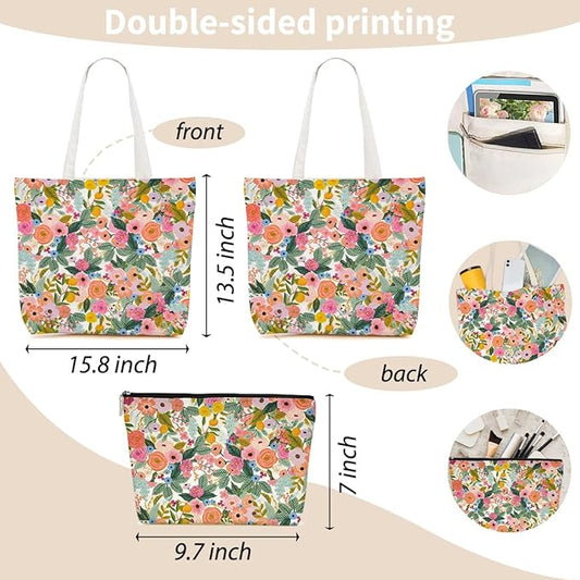 Aesthetic Floral Tote Bag Makeup Bag Flower Decor Gifts for Girls Christmas Shopping Grocery Bags Cosmetic Bags