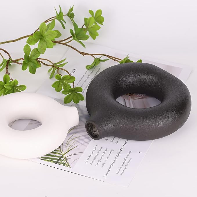 Black and White Vase Decor Donut Vase Set of 2 - Circle Hollow Vases, Modern Matte Ceramic Vases for Entryway Living Room Bedroom Dining Table Centerpiece Office Home Decor