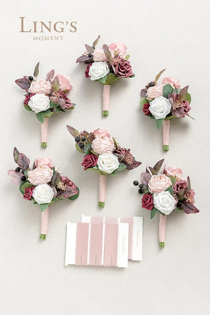 Ling's moment Artificial Flowers Pink Bridesmaid Bouquet Set of 6, Dusty Rose & Mauve Wedding Flowers Bouquets for Bridesmaids, 7 Inch Bridal Bouquets for Bridesmaids, Wedding, Ceremony, Anniversary,