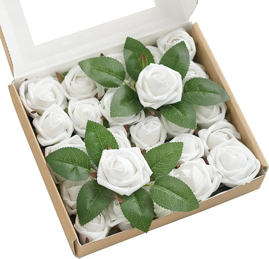 Ling's moment 1.5/2 inch Artificial Rose White Buds and Petite Roses w/Stem Pack of 25 for DIY Wedding Boutonniere Corsages Bouquets Centerpieces Decorations