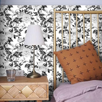 Floral Wallpaper Peel and Stick Black and White Wallpaper Self Adhesive Removable Vinyl Flower Contact Paper for Decorative Bedroom Home Wall (17.7"x236.2")