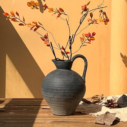 Ceramic Rustic Farmhouse Vase with Handle, 8.7 Inch Black Vintage Vase, Rustic Ceramic Pottery for Home Decor, Farmhouse Decor Centerpiece for Kitchen, Living Room, Entryway