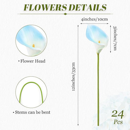 24 Pcs Artificial Calla Lily Flowers Light Blue Fake Silk Flowers Real Touch for Wedding Bouquet Office Home Kitchen Decor (White Blue)