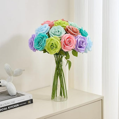 15pcs Green Fake Roses Artificial Silk Flowers Faux Rose Flower Long Stems Bouquet for Arrangement Wedding Centerpiece Party Home Kitchen Decor