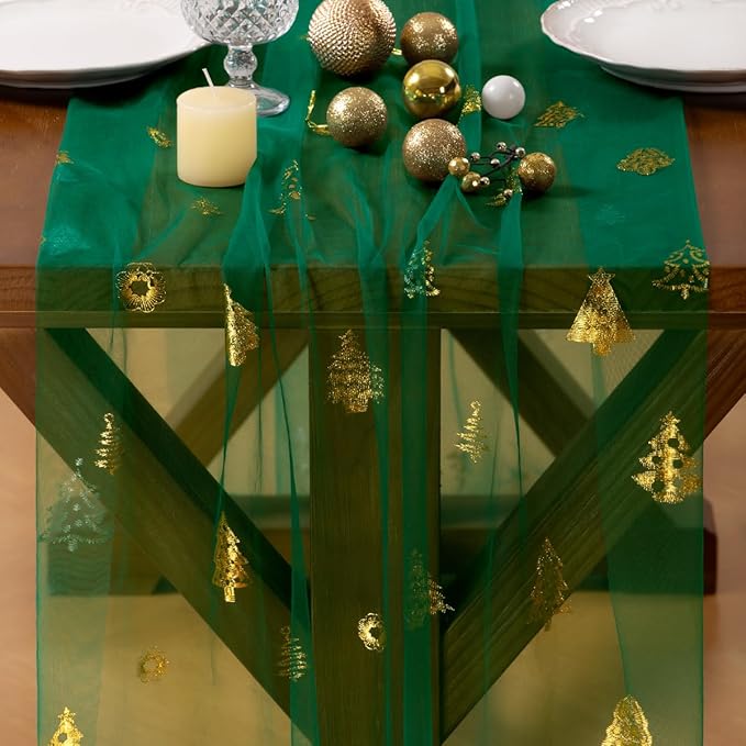 Socomi Christmas Tree Table Runner Gold Gauze Sheer Chiffon Cheesecloth Sequin 10FT Glitter Metallic Foil Dining Wedding Birthday Party Winter Holiday Centerpiece Table Decor Emerald Green