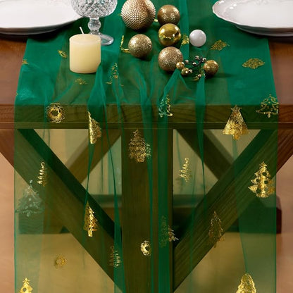 Socomi Christmas Tree Table Runner Gold Gauze Sheer Chiffon Cheesecloth Sequin 10FT Glitter Metallic Foil Dining Wedding Birthday Party Winter Holiday Centerpiece Table Decor Emerald Green