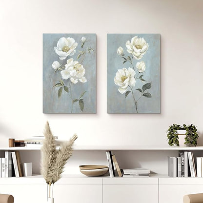 Color Play Flower Canvas Abstract Wall Art: 2 Pieces White Floral Prints Artwork Vintage Peony Bouquet Botanical Painting Picture for Bedroom Living Room Bathroom Home Office