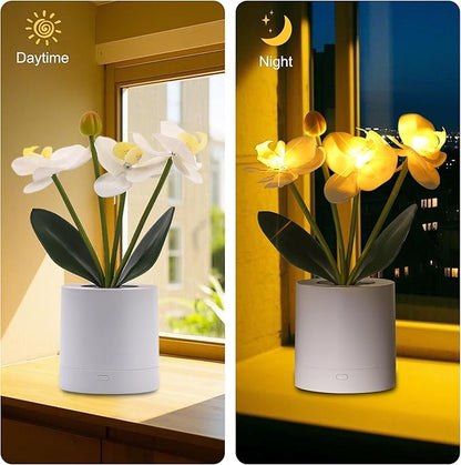 WSYEAR Flower Lamp Christmas Gifts for Her Women Wife Artificial Orchid Flower 3 Branches in White Pot, Realistic Fake Butterfly Orchid Bonsai for Living Room Decor
