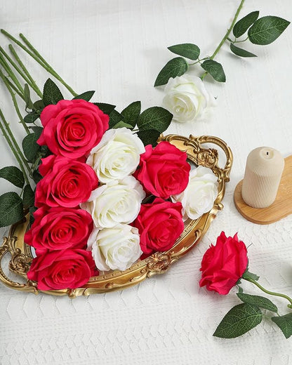 LFF 10pcs Silk Roses Artificial Flowers Fake Long Stem Roses for DIY Wedding Bouquet Home Decoration (Hotpink)