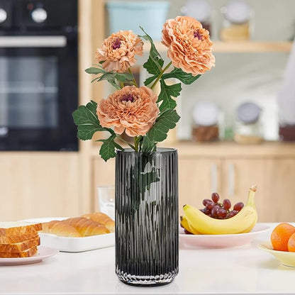 Flower Vase 9.7 inch Grey Thickened Hand Blow Glass Vase Round Vintage Striped Bottles for Bookshelf,Dinner Table,Indoor Office Desktop,Meeting Room,Bathroom,Countertop,Home