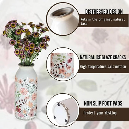 Ceramic Small Vase, Rustic Farmhouse Vintage Flower Vase for Home Decor, Floral Centerpiece for Table, Shelf, Mantle,Living Room,Kitchen, Office,Boho Chic Gift Idea for Christmas, Housewarming