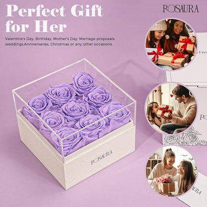 Rosaura Square Preserved Roses Gift Box - Real Forever Flowers in Clear Acrylic Lid, Valentine's for Women (Light Purple, 9 Roses)